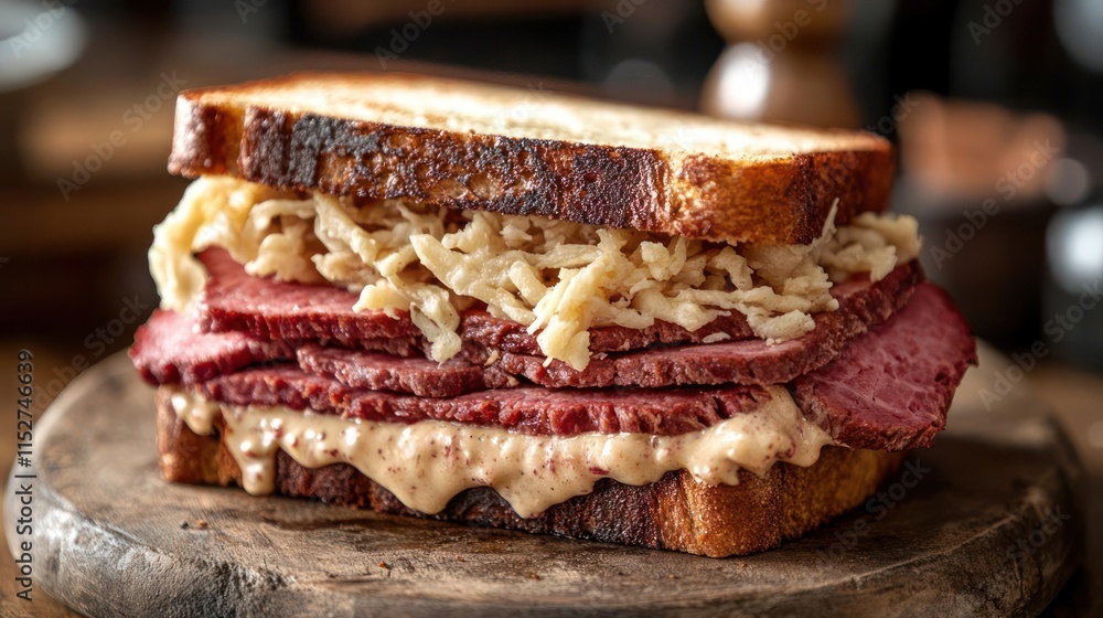 A close-up of a sandwich piled high with different ingredients. A close-up of a sandwich piled high with different ingredients.