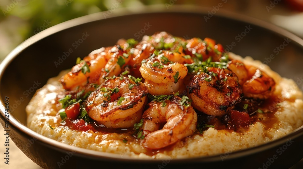 A dish featuring pasta with shrimp and possibly bacon on top, likely topped with a sauce or seasoning for flavor. A dish featuring pasta with shrimp and possibly bacon on top, likely topped with a sauce or seasoning for flavor.
