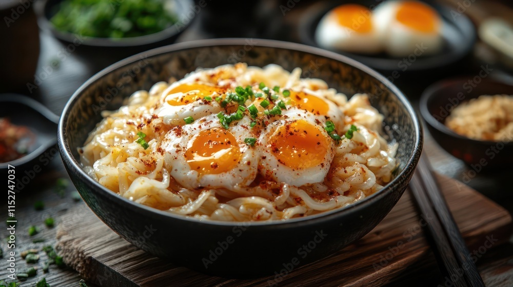 Close-up of a bowl containing a hearty Asian noodle dish topped with fried eggs and spices. Close-up of a bowl containing a hearty Asian noodle dish topped with fried eggs and spices.