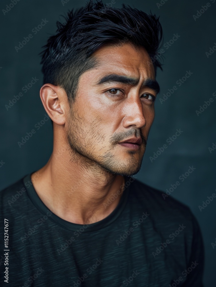 Fototapeta premium Portrait of a handsome man with short dark hair, looking sideways.