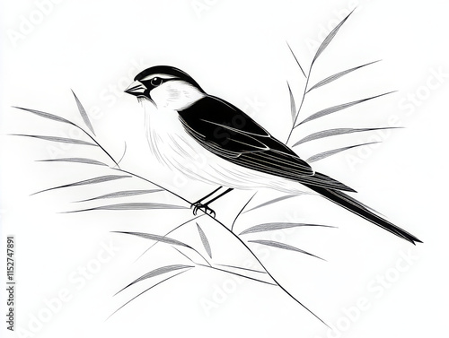 Black and white drawing a small chickadee on a branch isolated on a white background photo