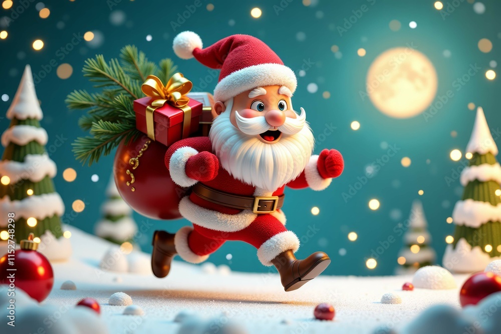 Jolly Santa Claus Runs Carrying Gifts Through Snowy Landscape Jolly Santa Claus Runs Carrying Gifts Through Snowy Landscape