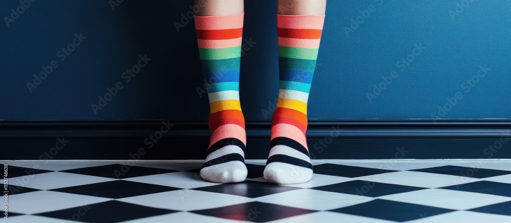 Obraz premium Colorful Socks on Checkered Floor, Fashionable and Playful
