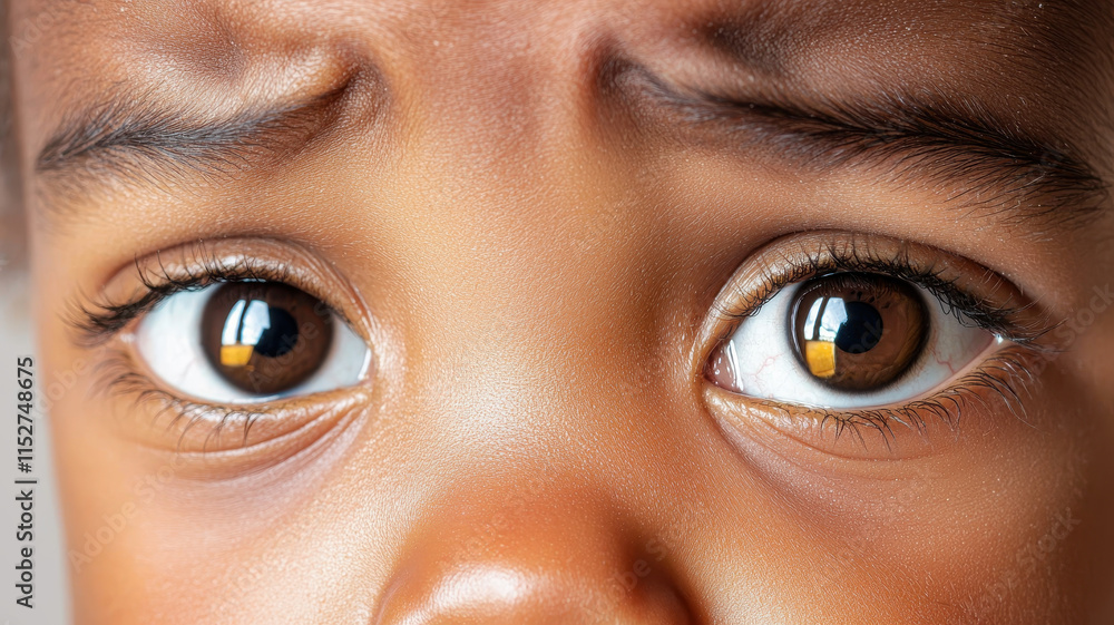 Naklejka premium Young child with fearful and sad eyes expressing emotion