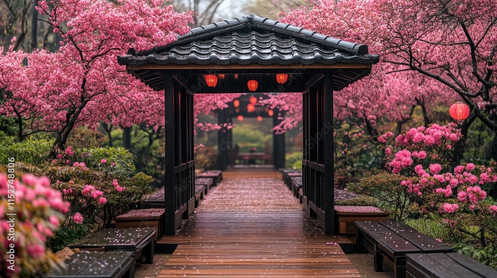 Obraz premium Rain in a Japanese garden with cherry blossoms and a wooden path.