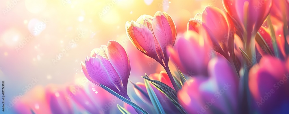 Vibrant pink crocuses bathed in warm sunlight, bokeh background. Vibrant pink crocuses bathed in warm sunlight, bokeh background.