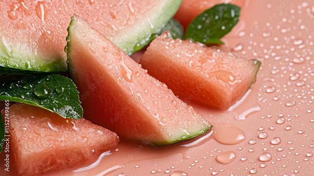 Fresh Watermelon Chunks with Water Droplets on Surface Fresh Watermelon Chunks with Water Droplets on Surface