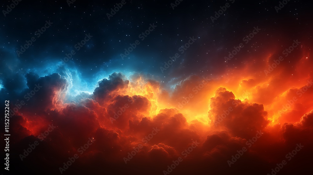 Naklejka premium Celestial Nebula Red And Blue Cosmic Cloudscape