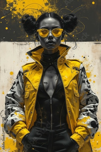 Stylish Woman in Yellow Jacket Posing Against Abstract Background