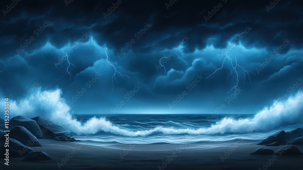 Dramatic Stormy Ocean Scene with Dark Clouds and Lightning Over Choppy Waves at Dusk Dramatic Stormy Ocean Scene with Dark Clouds and Lightning Over Choppy Waves at Dusk