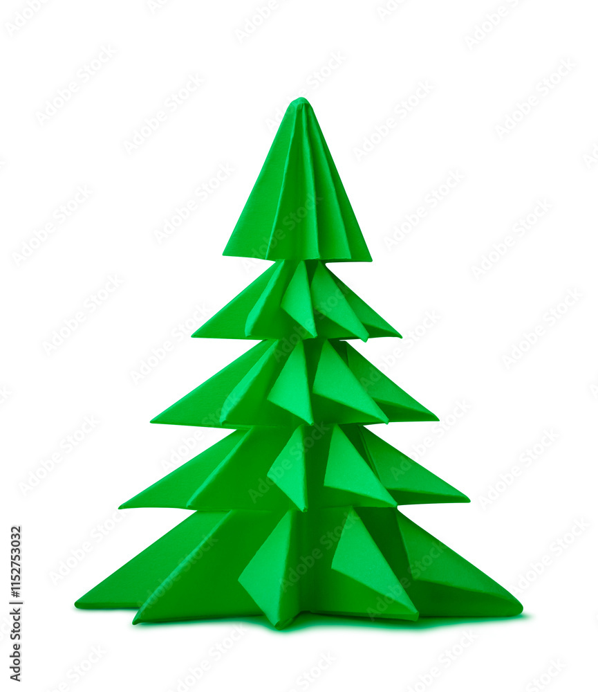 close-up of green origami pine tree isolated white background, elegant card, minimalist paper crafted seasonal decoration close-up of green origami pine tree isolated white background, elegant card, minimalist paper crafted seasonal decoration