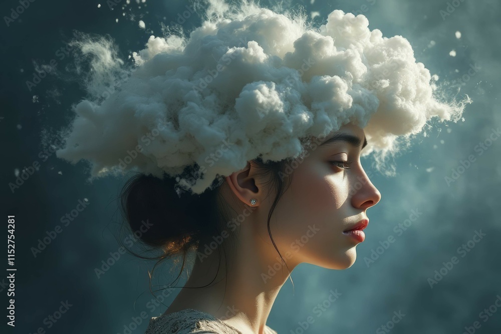 Woman adorned with a fluffy cloud headpiece Woman adorned with a fluffy cloud headpiece