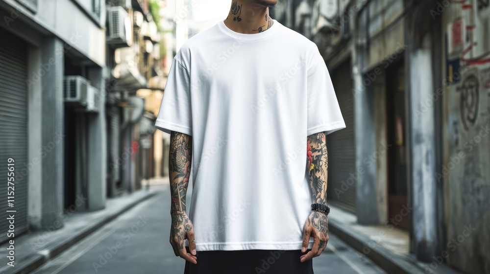 Fototapeta premium Stylish Blank White T-Shirt on a Tattooed Man in Urban Setting