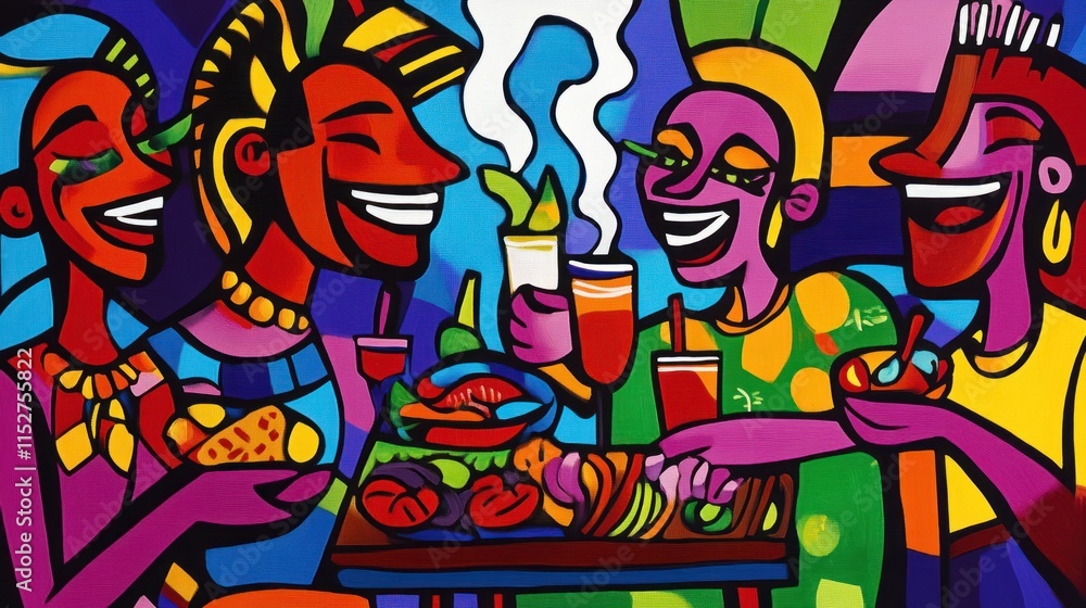 Fototapeta premium Vibrant Celebration: A Colorful Gathering of Friends Enjoying Food and Drinks