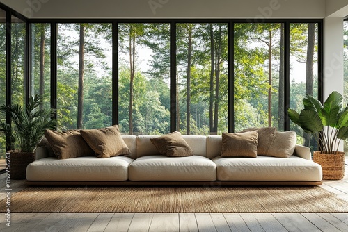 Minimalist modern living room with beige sofa, white walls, large windows with forest view, Scandinavian home decor, space for product display mockup. photo