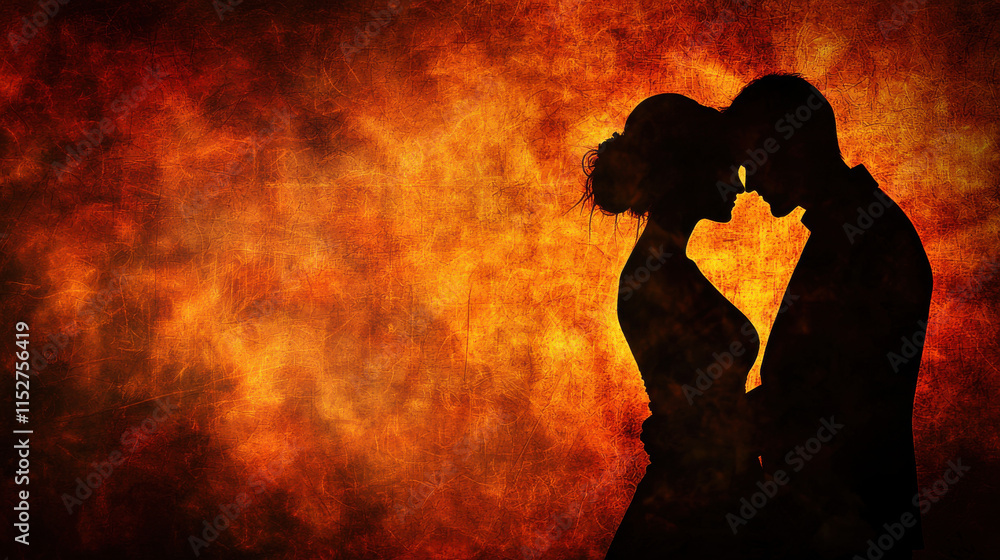 Silhouette of romantic couple embracing against fiery textured background Silhouette of romantic couple embracing against fiery textured background