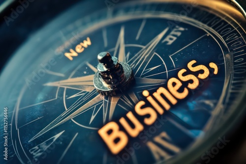 A close-up view of a detailed compass, its needle precisely aligned with the words 