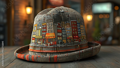 Stylish newsboy cap made of tweed fabric featuring colorful cityscape design. Perfect for adding unique touch to any outfit photo