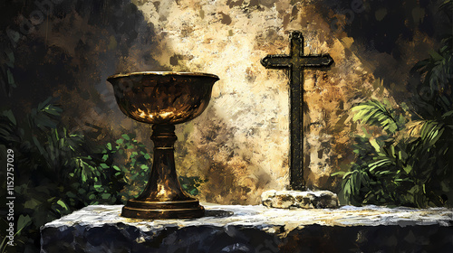 Ancient stone pedestal with a bronze chalice and a cross, stone, cross, bronze. Chalice. Illustration photo