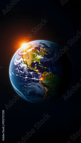 Image of planet earth with change from day to night and illuminated city lights, with white tones