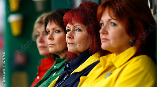 Group of women in colorful jackets engaged in deep conversation while waiting outdoors