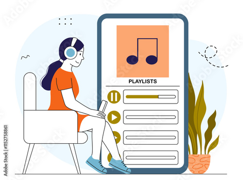 Woman listening to playlist. Young girl near huge smartphone with favorite songs. Leisure and entertainment. Multimedia and broadcast, podcast. Linear vector illustration