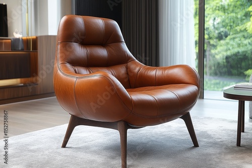 Modern fine-grain leather armchair with wooden legs in brown accent color, perfect for living room furniture. photo