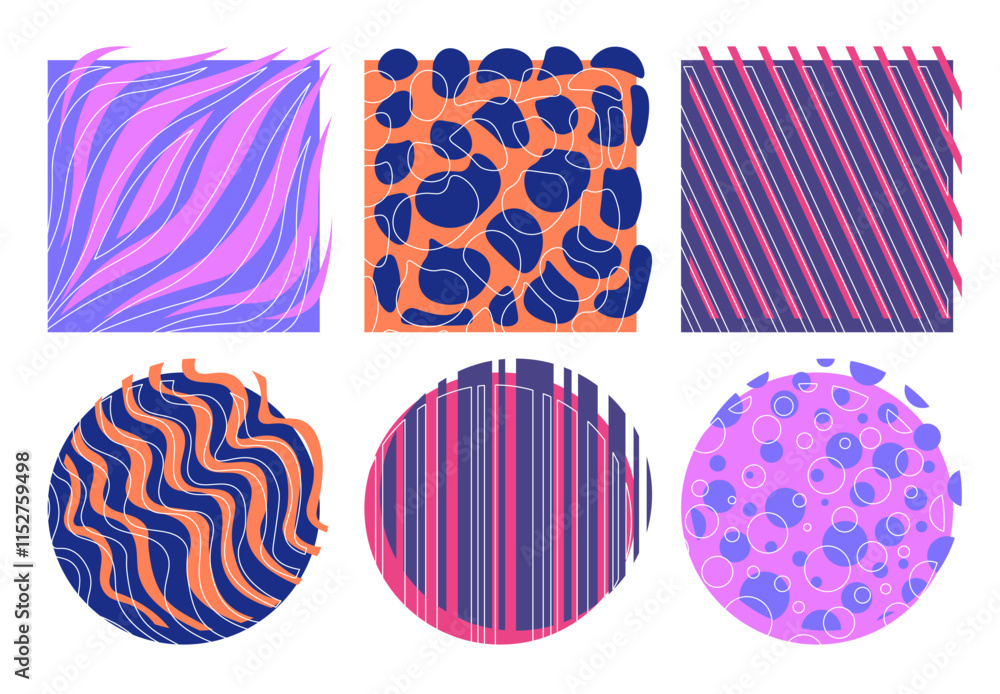 Obraz premium Pop style elements set. Violet wavy patterns and ornaments. Texture and wallpaper. Memphis style art objects. Round stickers. Flat vector collection