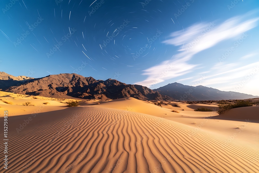 Star trails over desert dunes and mountains at dawn.