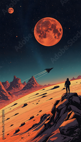 Mars, Earth and the Moon, graphic novel art, with white tones