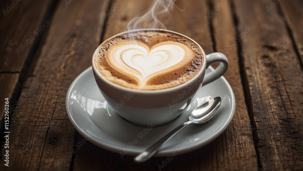 Fototapeta premium Cup of Coffee with Heart Foam Art on Rustic Table