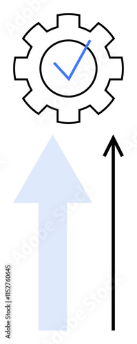 Gear with check mark upward blue arrow, black arrow themes of progress, success, innovation, productivity, achievement, efficiency, improvement. Line metaphor