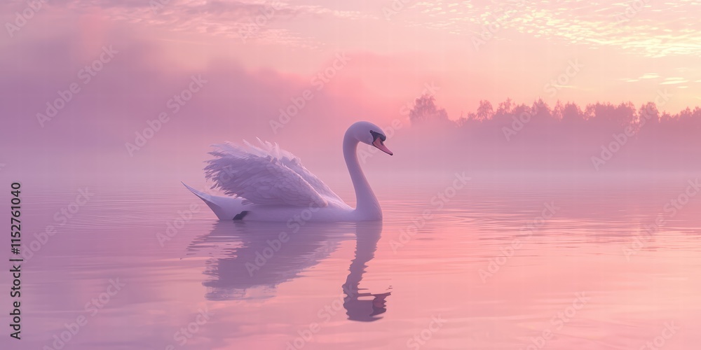 Fototapeta premium Elegant swan gliding on a misty lake