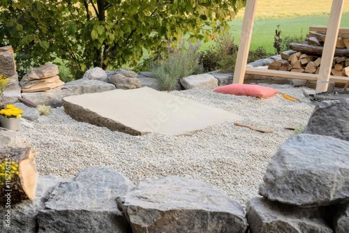 Sandsteinplatten in ein Mörtelbett aus Trasszement und Splitt  -  Terrasse aus Naturstein photo