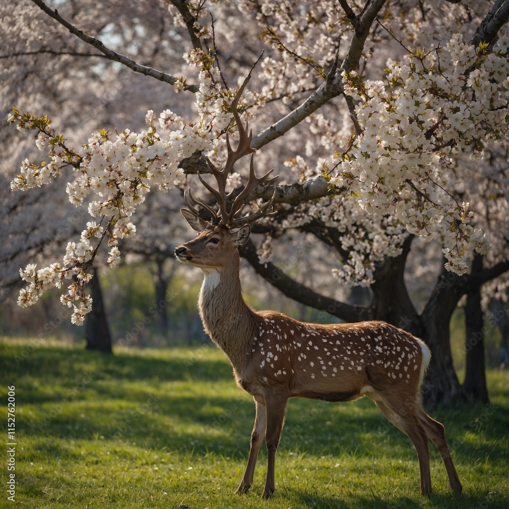 A spring-themed deer with floral patterns on its fur, standing under a blooming cherry tree.