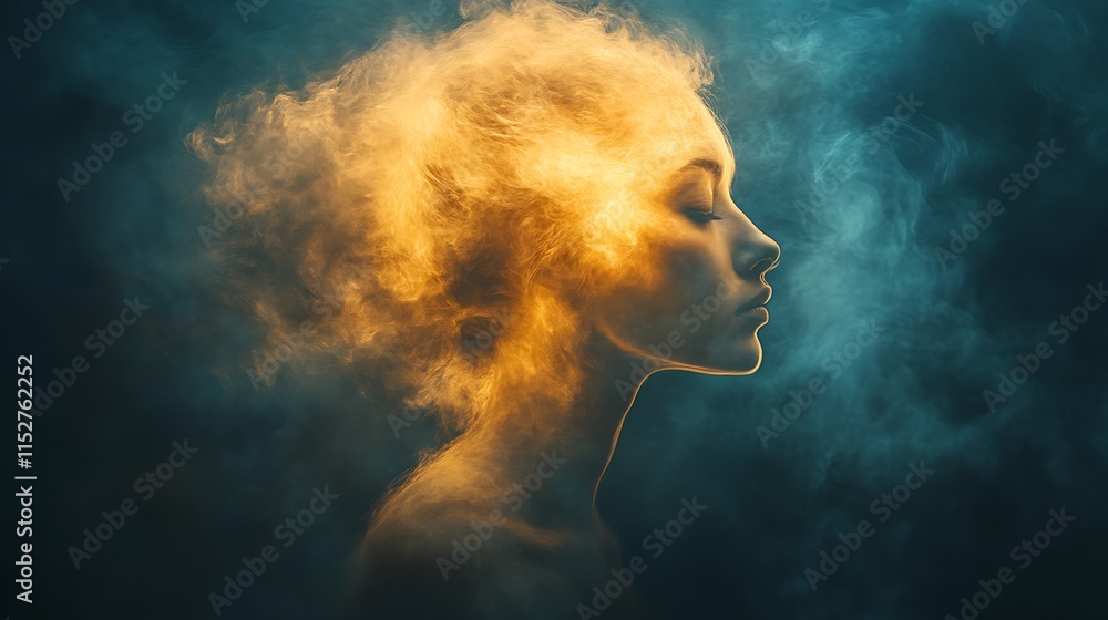 Woman Enveloped in Golden and Teal Smoke Woman Enveloped in Golden and Teal Smoke