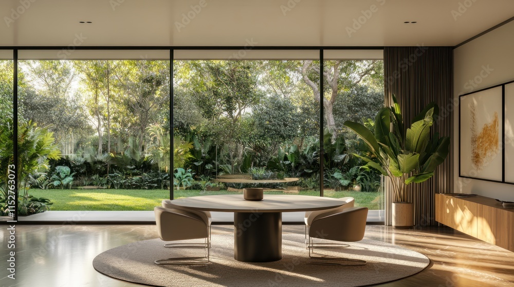 Serene Tropical Interior Design: Modern Living Space with Lush Garden Views Serene Tropical Interior Design: Modern Living Space with Lush Garden Views