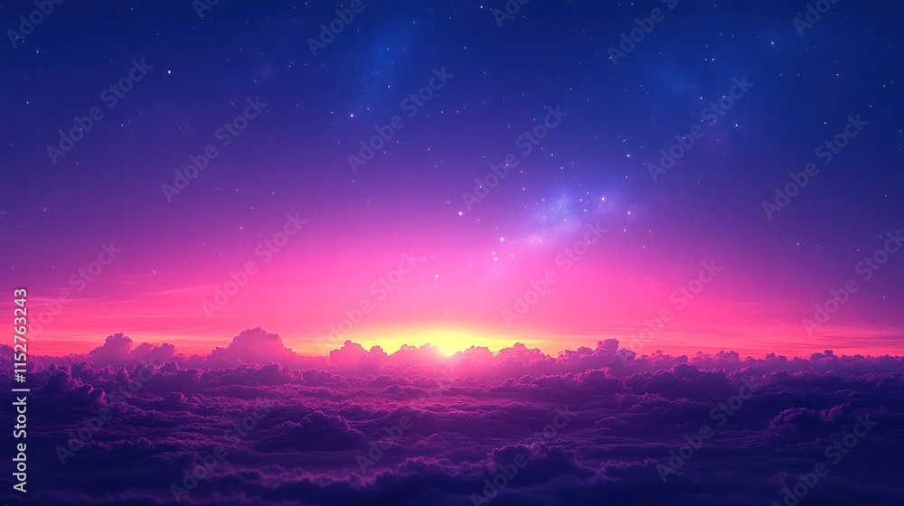 Fototapeta premium Vibrant sunrise over a sea of purple clouds, with a starlit sky.