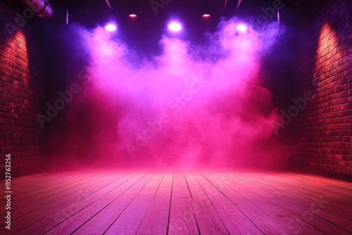 Pink Lit Wooden Floor in Brick Room with Smoke and Stage Lighting photo