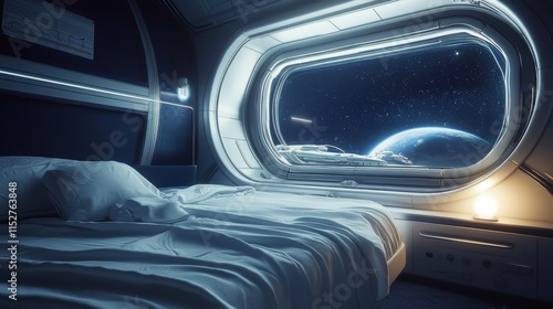 A blend of comfort and awe in a space station bedroom with a celestial backdrop.