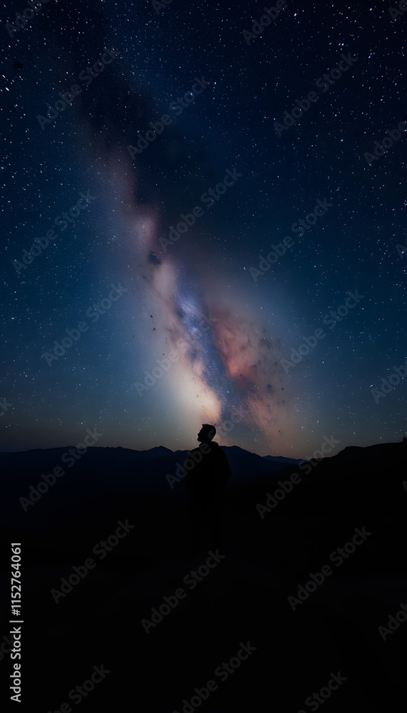 Man standing on the mountain at night with starry sky and Milky Way, angled photoshot, with white tones Man standing on the mountain at night with starry sky and Milky Way, angled photoshot, with white tones