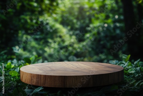 Wooden round platform in lush green forest. (7) photo