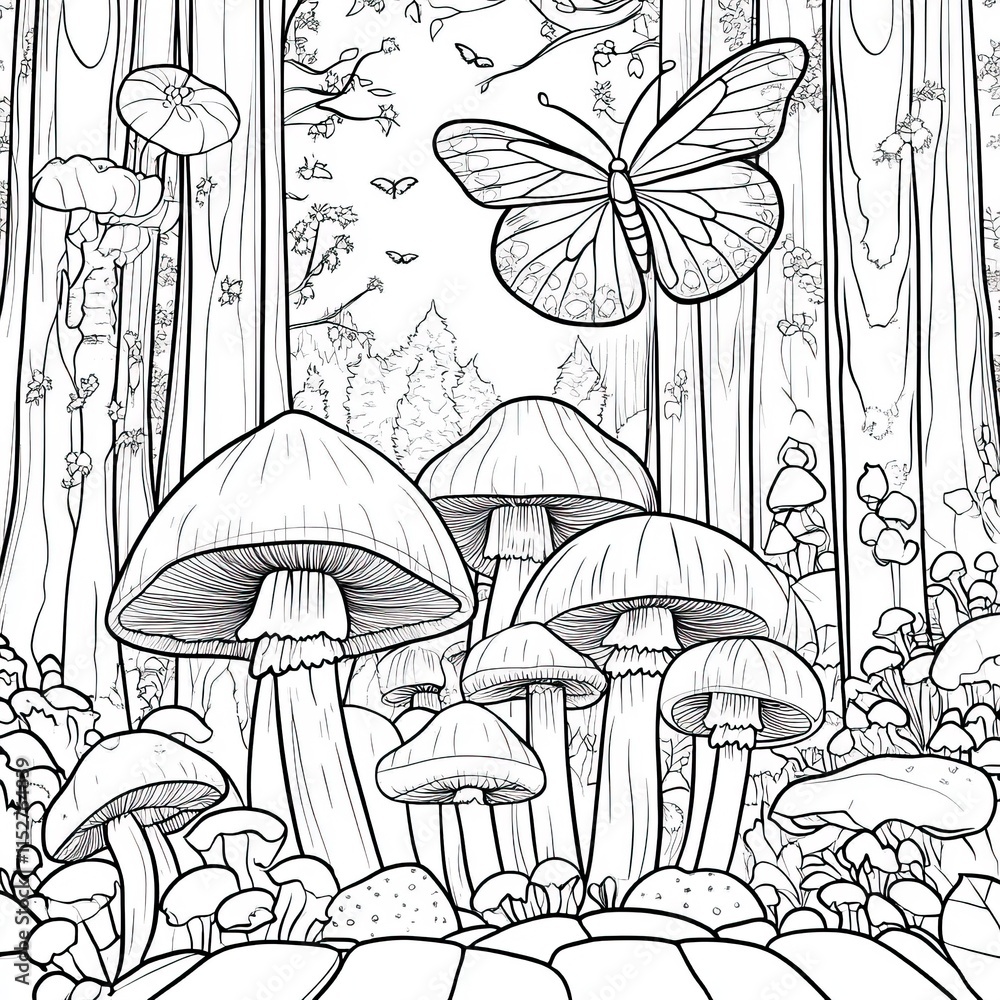Obraz premium Enchanted Forest Mushrooms Butterfly Scene