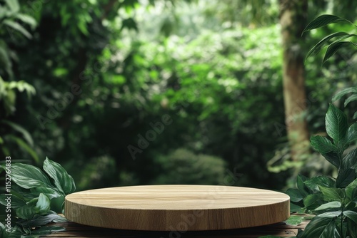 Wooden platform in lush green jungle setting. photo