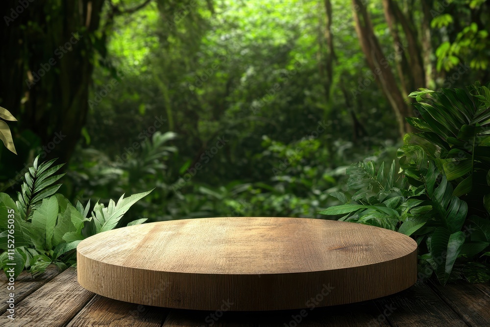 Wooden round platform in lush green jungle. Wooden round platform in lush green jungle.