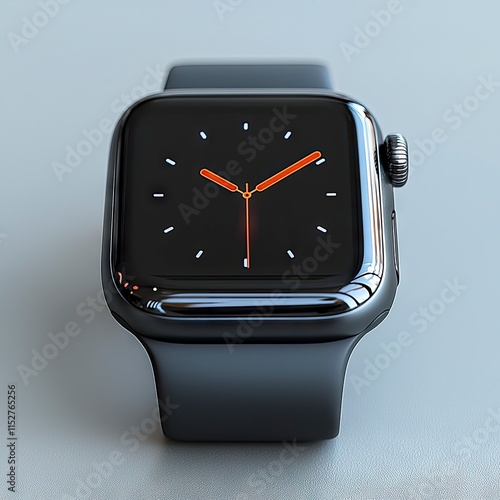 A sleek black Apple Watch displays a minimalist orange clock face. Ideal for tech blogs or smartwatch app showcases. photo