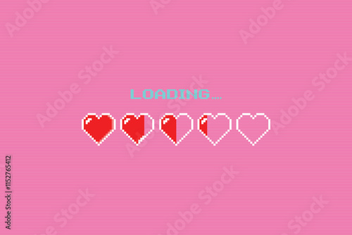 Pixel art heart sign for Valentine's Day in 8-bit retro game style and loading bar. Pixel art Valentine's Day or banner. Illustration.