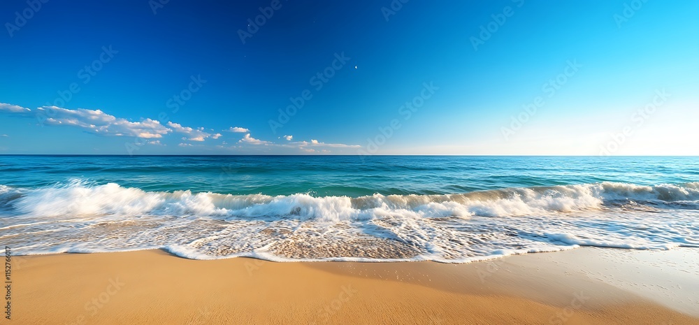 Tranquil beach scene with gentle waves lapping golden sand under a vibrant blue sky.