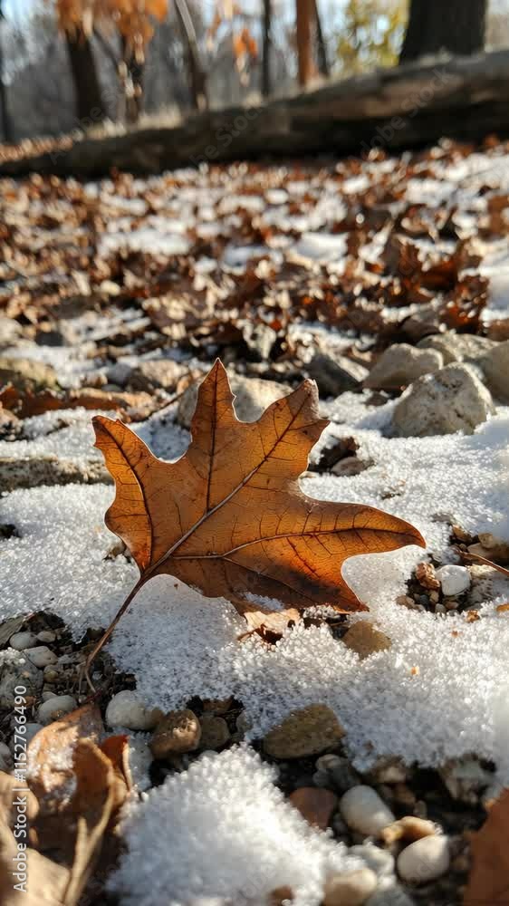 Autumn leaves resting on snow in a tranquil forest setting during late fall Autumn leaves resting on snow in a tranquil forest setting during late fall