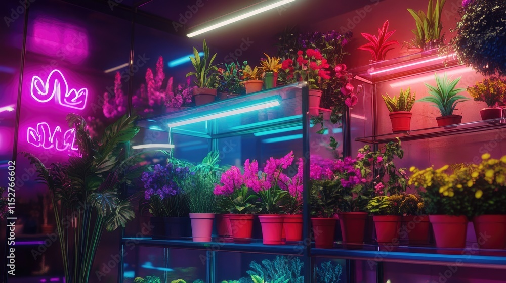 Neon Nights Greenhouse: A vibrant display of plants bathed in neon lights, creating a surreal and captivating atmosphere. Neon Nights Greenhouse: A vibrant display of plants bathed in neon lights, creating a surreal and captivating atmosphere.